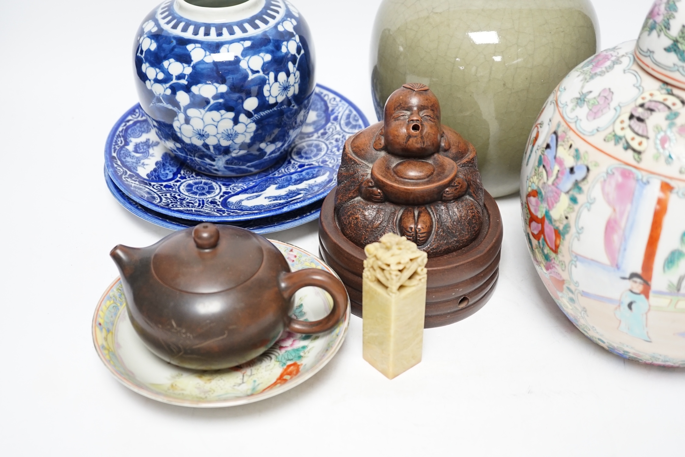 A famille rose Chinese jar and cover, a hardstone seal, together with various mixed Chinese and Japanese items (9)